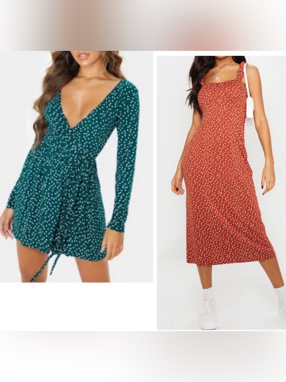 2 PLT 2 Emerald Green Polka Dot Long Sleeve Wrap Tea Dress Terracotta Burnt Rust